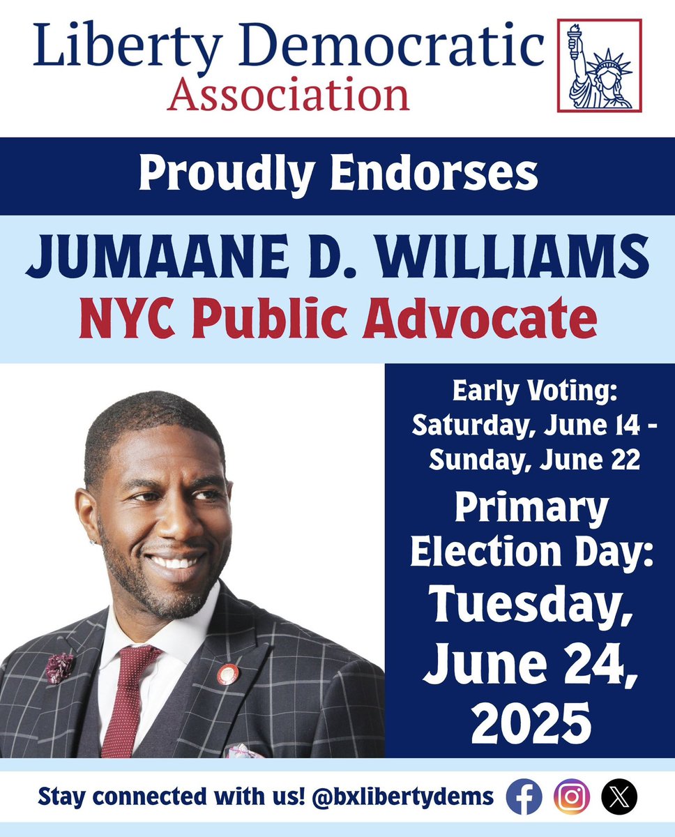 BxLibertyDems's tweet photo. The Liberty Democratic Association proudly endorses Jumaane D. Williams for NYC Public Advocate! For more information and to get involved, visit: https://t.co/a9jrIFESXK

🗓 Early Voting: Saturday, June 14 – Sunday, June 22, 2025
🗳 Primary Election Day: Tuesday, June 24, 2025 https://t.co/aCsc2YPK8S