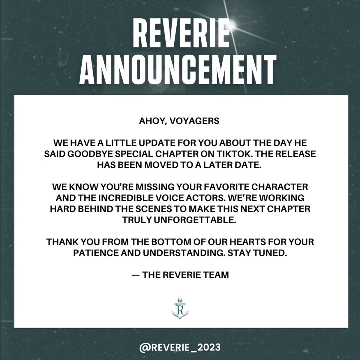 REVERIE_2023's tweet photo. #REVERIE⚓️: ANNOUNCEMENT!  

Kindly read the announcement below.    

Thank you!  

#TDHSG #TheDayHeSaidGoodbye #REVERIE #AngstAvenue https://t.co/pX2S7pSrCC