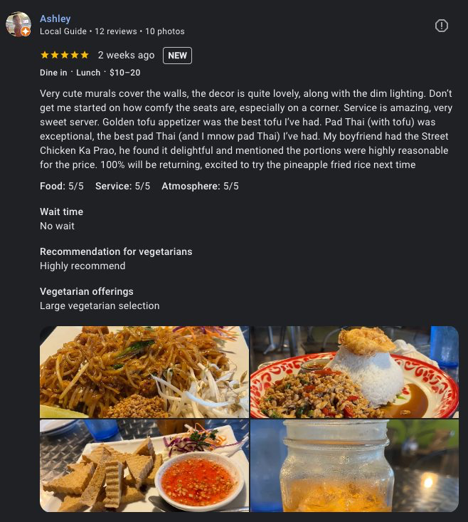 ashley just dropped the sweetest 5-star love letter ⭐️⭐️⭐️⭐️⭐️

“golden tofu appetizer is the best tofu i’ve had. pad thai with tofu = exceptional. my bf crushed the street chicken ka prao. 100 % returning to try the pineapple fried rice.”

🥰🥰🥰