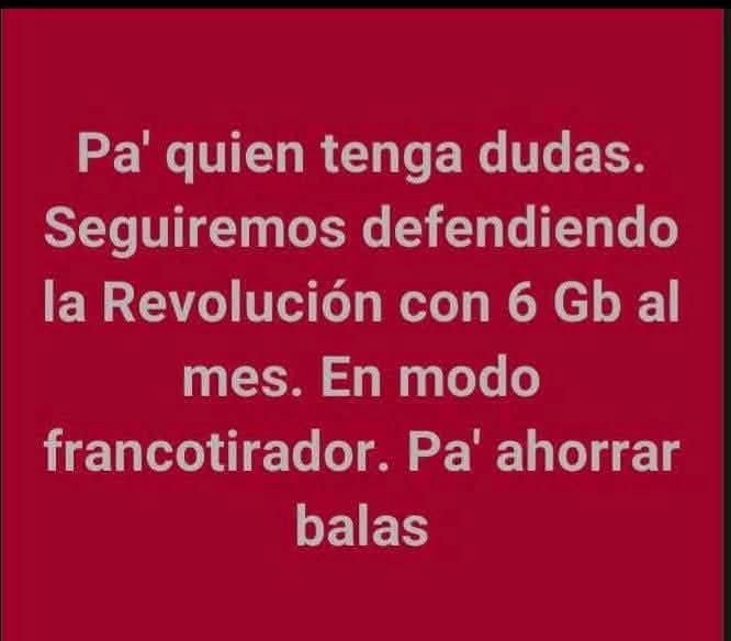 🇨🇺  Con 6GB es más difícil pero no imposible, demostremos que si se puede 💪🏼, si a los nuestros le alcanzó 12 fusiles para defender la patria, hacer una revolución que hasta el momento es y será invencible, a nosotros 6Gb nos sobran.
#Cuba
#CubaVencerá