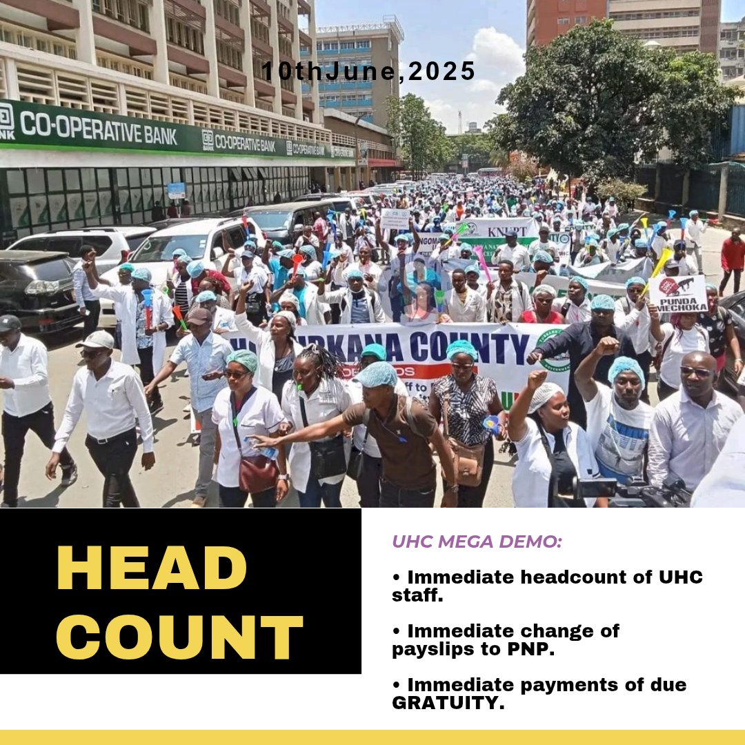 uhckenya254's tweet photo. To all UHC staff:

Come for your headcount on TUESDAY!

We Finish Kumalo.

Meeting Venue: Green Park Terminus.
Time: 8:00 A.M 

#UHChealthWorkersCrisis
#PNP_GRATUITYnow
#uhckenya https://t.co/SMD9wub7DX