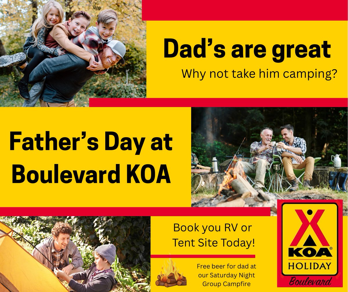 KoaHolidayBVD's tweet photo. Dad’s first beer is on us! 🍺🌲 Camp at KOA Boulevard for a relaxing getaway with great perks. Who’s ready for the ultimate camping experience? #KOABoulevardHoliday #FamilyAdventure #Getoutside #camping https://t.co/7d3yhXlS56