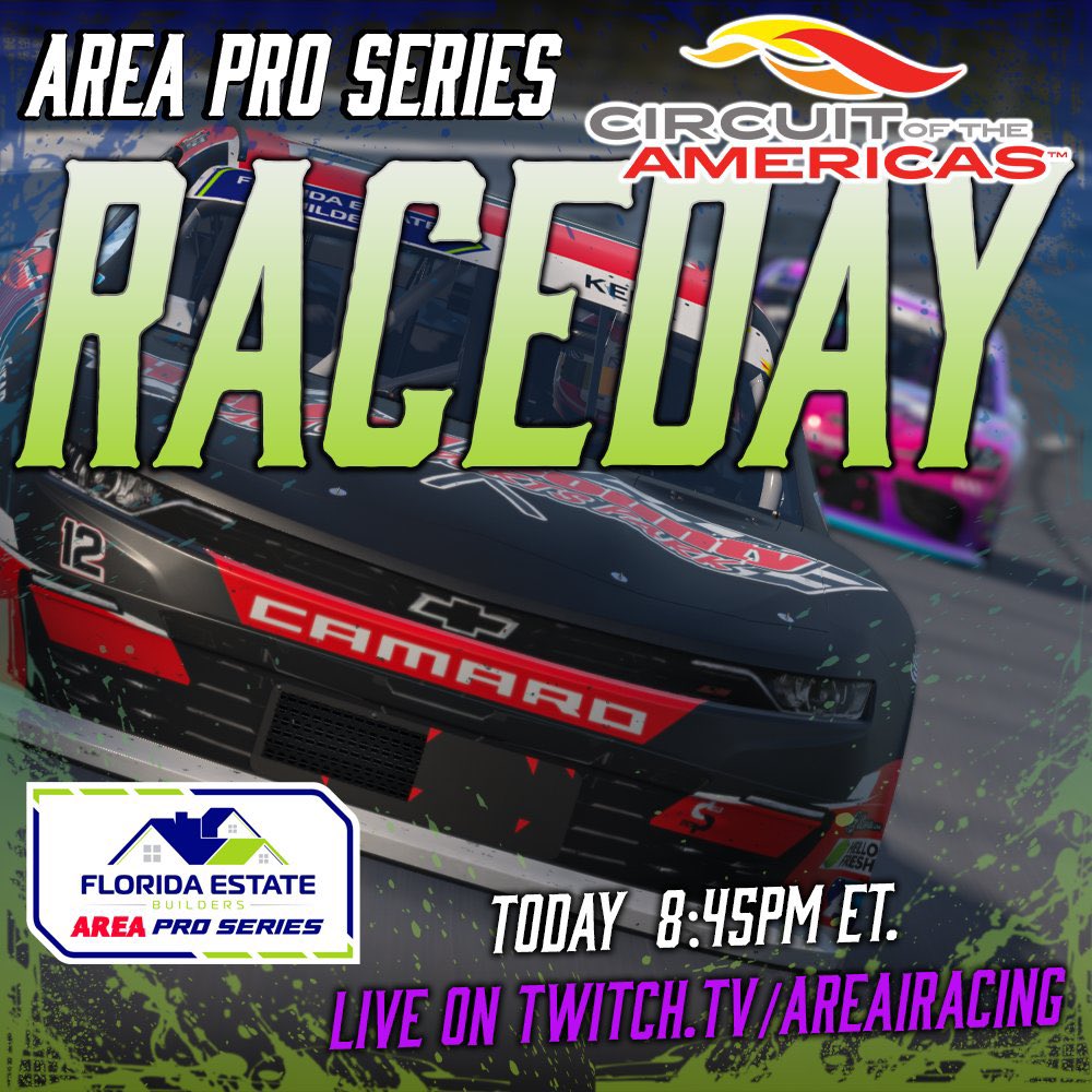 🟢 IT’S FLORIDA ESTATE BUILDERS AREA PRO SERIES RACE DAY!

We head to COTA for race 11 of the season tonight! Who gets a crucial victory just 2 weeks before the #AREAPlayoffs? 👀 

⏰ 8:45pm ET
📺 youtube.com/live/9YdQciw34…
📺 Twitch.tv/AREAiRacing