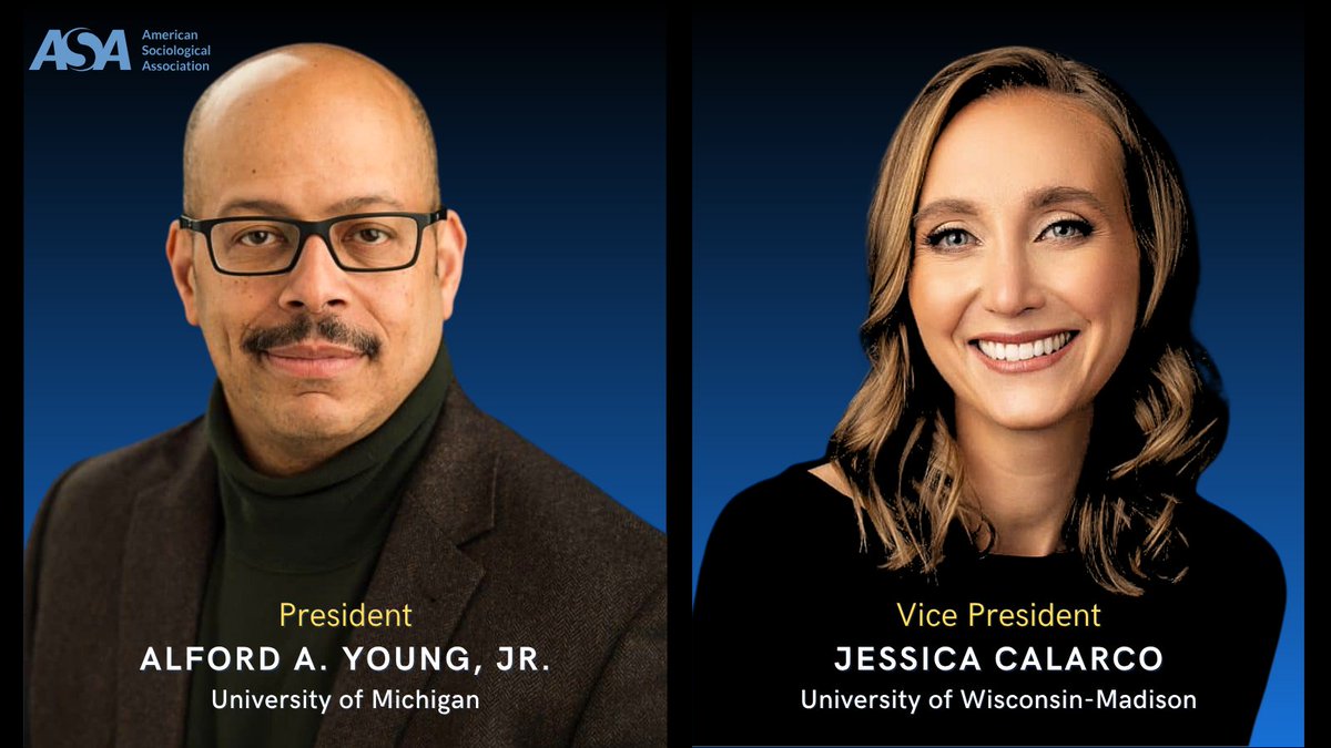 ASA Sociology (@asanews) on Twitter photo We are pleased to announce that Alford Young, Jr. <a href="/umichLSA/">U-M College of LSA</a> <a href="/UMich/">University of Michigan</a> has been elected the 2026-2027 ASA President, and Jessica Calarco <a href="/UWSoc/">UW-Madison Sociology</a> <a href="/UWMadison/">UWāMadison</a> has been elected Vice President. Read full election results: bit.ly/3mFBhFz. We are pleased to announce that Alford Young, Jr. <a href="/umichLSA/">U-M College of LSA</a> <a href="/UMich/">University of Michigan</a> has been elected the 2026-2027 ASA President, and Jessica Calarco <a href="/UWSoc/">UW-Madison Sociology</a> <a href="/UWMadison/">UWāMadison</a> has been elected Vice President. Read full election results: bit.ly/3mFBhFz.