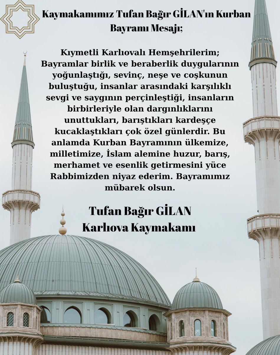 Kaymakamımız Tufan Bağır GİLAN’ın Kurban Bayramı Mesajı;
<a href="/tufangilan/">Tufan Bağır GİLAN</a>