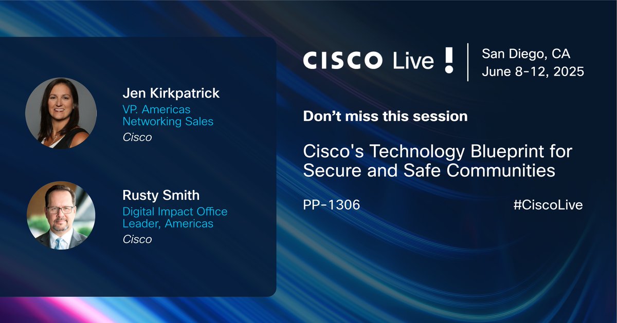 angeebarnett's tweet image. &quot;Cisco&apos;s Technology Blueprint for Secure and Safe Communities&quot; is a can’t-miss #CiscoLive session showcasing how technology is transforming safety and connectivity with @meraki  solutions and inclusive partnerships. Don&apos;t miss it 👉 cs.co/611002xpV0

#CiscoCDA @CiscoLive