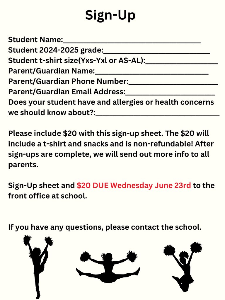 Junior Cheer Camp for grades K thru 6th will take place on July 1, 2 &amp; 3 at the Arapahoe City Park. 

Forms can be picked up in the front office and are due by June 23rd