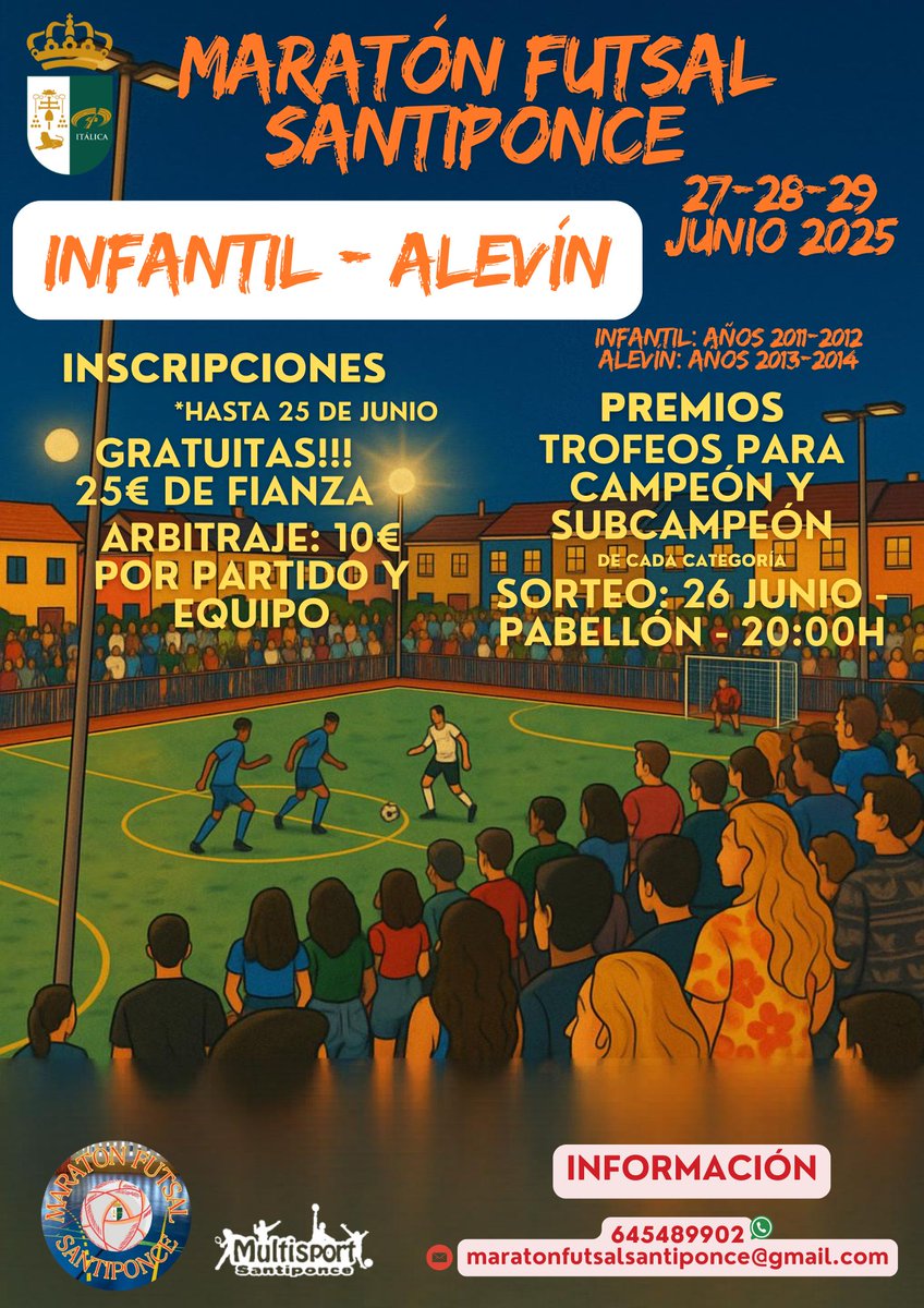 Ayuntamiento de Santiponce (@santiponceayto) on Twitter photo ¡Maratón Futsal Santiponce 2025!, con torneos para todas las categorías
🌟 Veteranos (+35 años) (20-21 Junio 2025)
🌟 Infantil - Alevín (27-28-29 Junio 2025)
🌟 Juvenil - Cadete (11-12-13 Julio 2025)
Teléfono: 645 489 902
maratonfutsalsantiponce@gmail.com
acortar.link/YaxLly ¡Maratón Futsal Santiponce 2025!, con torneos para todas las categorías
🌟 Veteranos (+35 años) (20-21 Junio 2025)
🌟 Infantil - Alevín (27-28-29 Junio 2025)
🌟 Juvenil - Cadete (11-12-13 Julio 2025)
Teléfono: 645 489 902
maratonfutsalsantiponce@gmail.com
acortar.link/YaxLly
