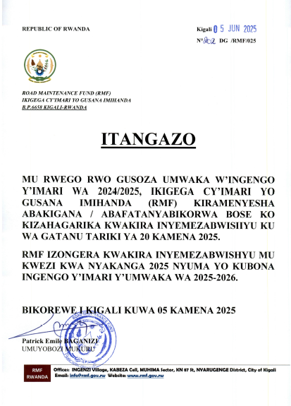Rwanda_RoadFund's tweet photo. Mu rwego rwo gusoza umwaka w'ingengo y'imari wa 2024/2025, Ikigega cy’Imari yo gusana imihanda (RMF), kiramenyesha abakigana /abafatanyabikorwa ko kizahagarika kwakira inyemezabuguzi kuwa gatanu tariki ya 20 Kamena 2025. https://t.co/hQYPeREueB