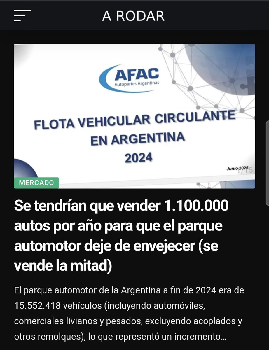 Dato. El parque automotor es hoy de 15.552.418 unidades, con un promedio de antigüedad de 14,3 años y viene en alza. Se tendrían q vender 1.100.000 0km x año para q deje de envejecer. Se vende la mitad. Informe completo con las estadísticas, acá 👇 
arodarpost.com.ar