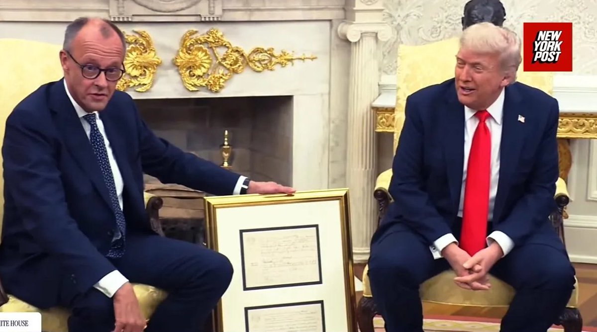 nypost's tweet image. Trump receives grandfather’s 1869 German birth certificate from Merz in Oval Office meeting trib.al/B9OjEay