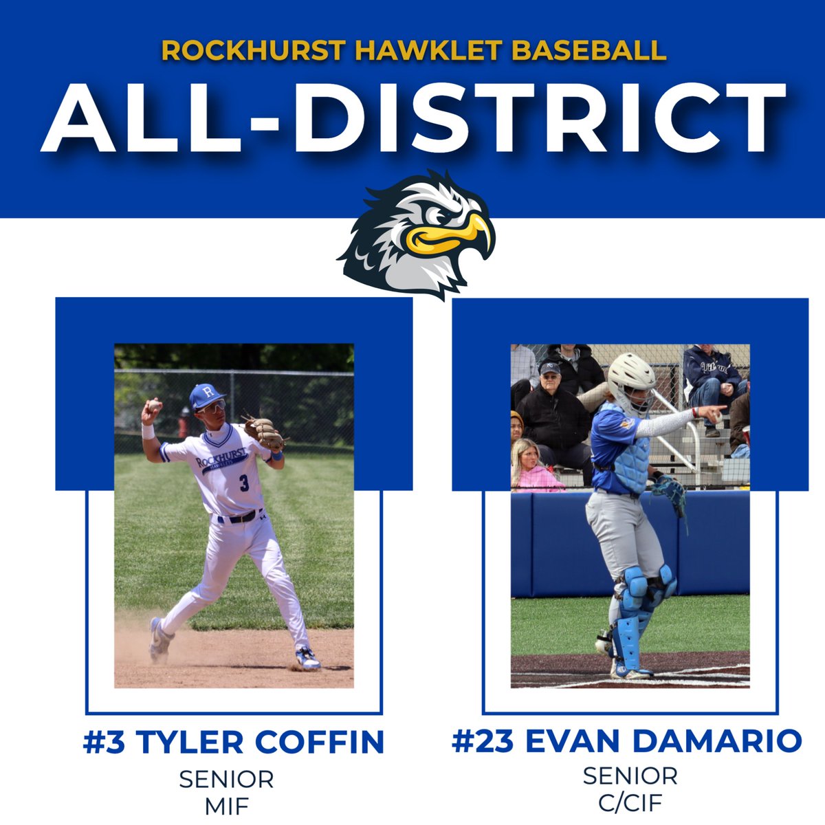 Proud to announce that Tyler Coffin '25 and Evan Damario '25 of <a href="/HawkletBaseball/">Rockhurst HS Baseball</a> were named to the Missouri Class 6 District 7 All-District Baseball Team!
(1/3)