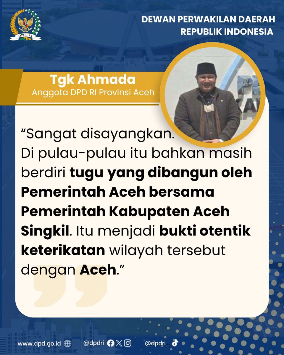Anggota DPD RI Provinsi Aceh, Tgk Ahmada MZ, menyatakan kekecewaannya terhadap keputusan Kementerian Dalam Negeri (Kemendagri) yang memasukkan empat pulau di kawasan Aceh Singkil ke dalam wilayah administrasi Sumatra Utara.
#dpdri #aceh