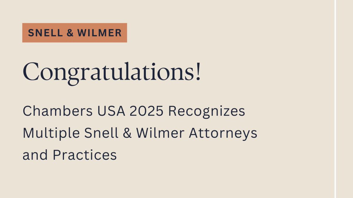 Snell &amp; Wilmer is pleased to announce that 19 of its practices have been ranked and 56 of its attorneys have been named as leaders in their respective fields, by Chambers USA: America’s Leading Lawyers for Business 2025.

Read more here: bit.ly/4ktuqI9.