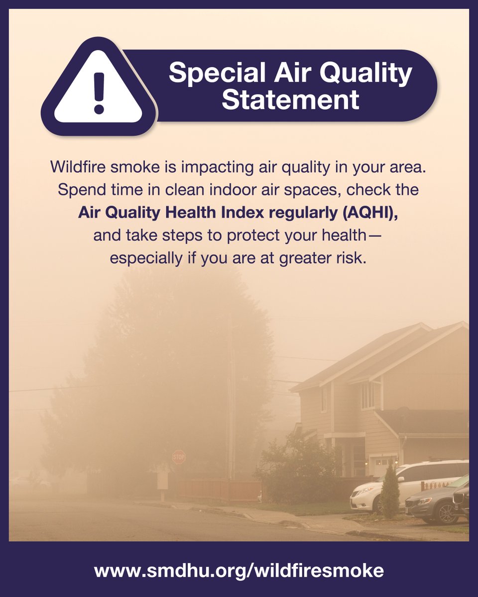 Special Air Quality Statement in Effect! Wildfire smoke is impacting air quality in your area. Spend time in clean indoor air spaces, check the Air Quality Health Index regularly, &amp; take steps to protect your health—especially if you're at greater risk. smdhu.org/wildfiresmoke