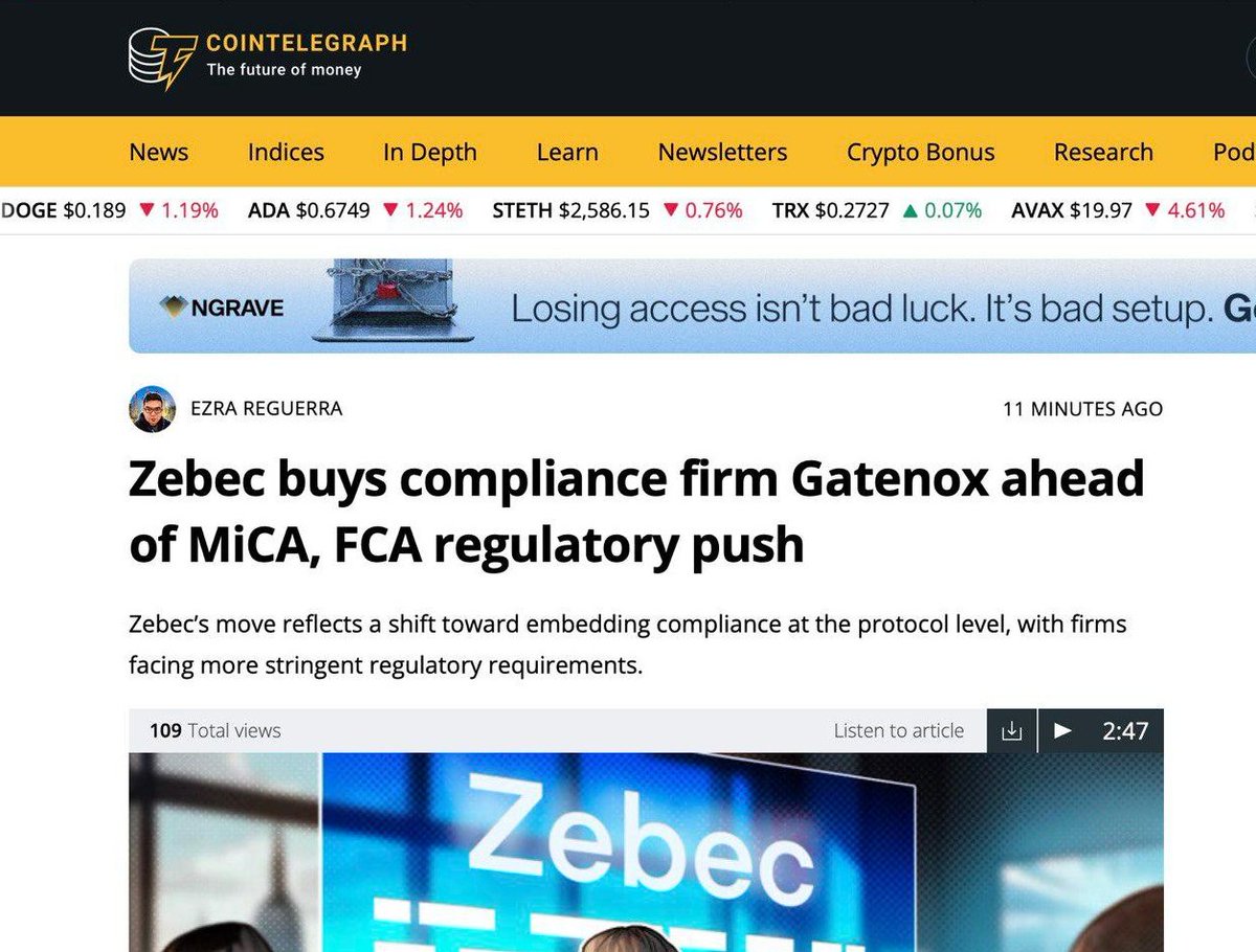📢 Zebec announces its latest acquisition — @gatenox. Read more on  @Cointelegraph. ⬇️