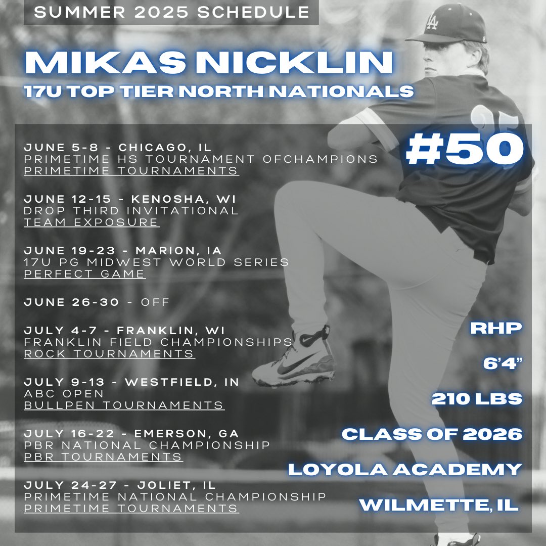 MikasNicklin's tweet photo. RHP | Class of 2026 | 6’4” | 210lbs

Summer 2025 Schedule
@POMalley_NCSA @ncsa https://t.co/7r2Hm6rYpQ