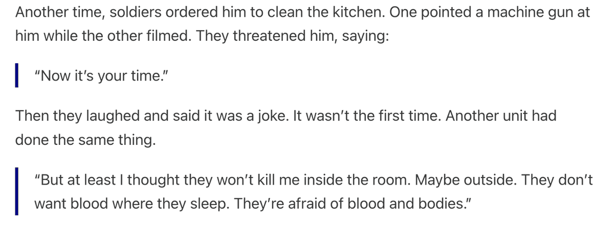 Let this sink in: A 63-year-old Palestinian man used as a human shield by Israeli soldiers knew that their threat to kill him in their base's kitchen was fake, because he knew they were scared of blood and dead bodies. 

Incredible dispatch from Yahya Al-Qassas for <a href="/DropSiteNews/">Drop Site</a>