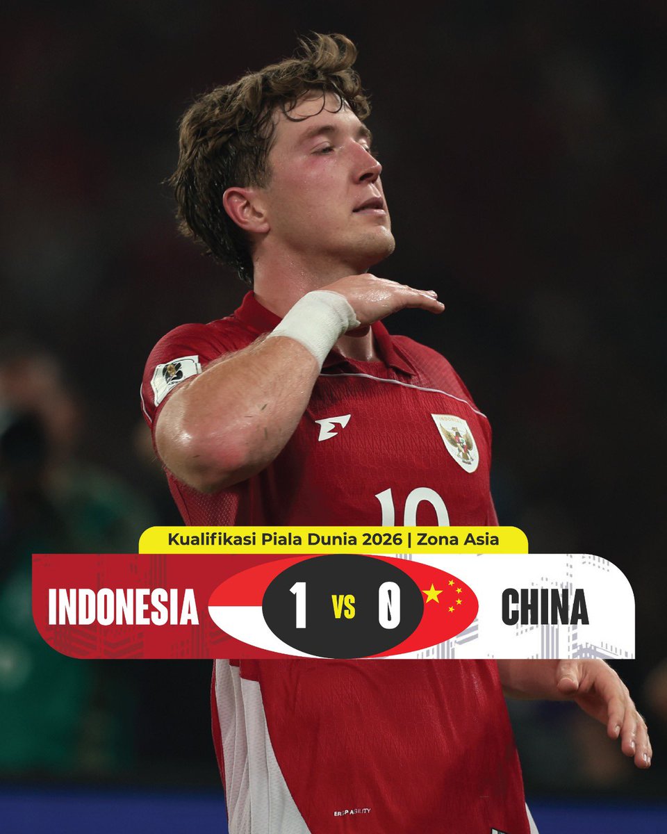 erickthohir's tweet photo. Indonesia 1-0 China

Alhamdulillah, kita berhasil meraih kemenangan penting atas China. 3 poin ini menjaga asa Indonesia untuk melaju ke Babak 4 Kualifikasi Piala Dunia 2026. 

#KitaGaruda #GarudaMendunia https://t.co/3j4k6NWYt8