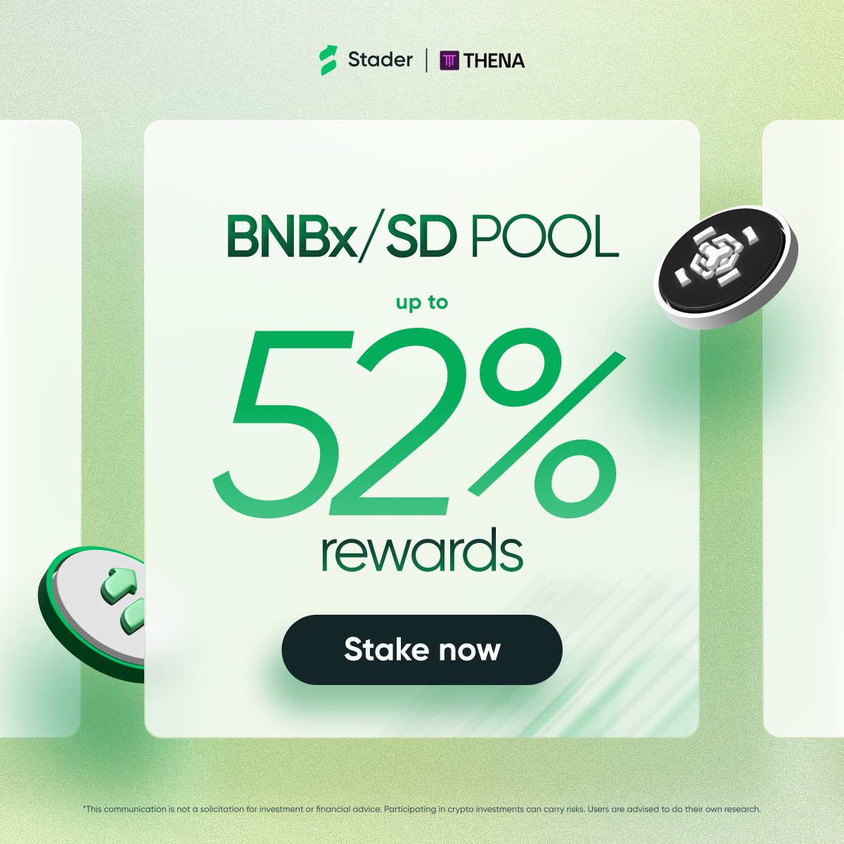 Maximize your #BNB potential with up to 52% in DeFi 🚀

Access the BNBx–SD pool on <a href="/ThenaFi_/">THENA</a> and let your capital flow through high-efficiency, integrated DeFi infrastructure.

🔗staderlabs.com/bnb/defi