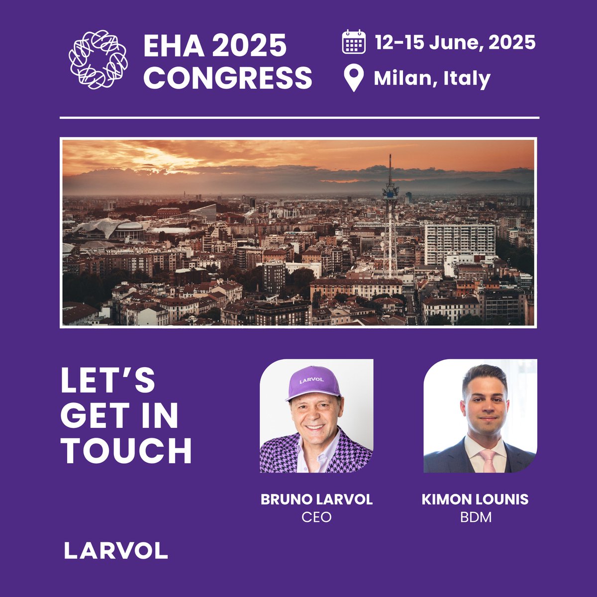 Larvol's tweet photo. @Larvol is heading to the @EHA_Hematology 2025 in Milan!

Connect with Bruno Larvol (@brunolarvol), CEO, and Kimon Lounis, Business Development Manager, at the conference.

Looking forward to connecting with the hematology community, discussing the latest research, and exploring new insights.

See you there!

Get the latest #EHA25 updates: https://t.co/GlFVhoEqda

#LARVOL #CancerResearch #Hematology #Oncology #CancerData #CancerData #OncologyInsights #ClinicalTrials
