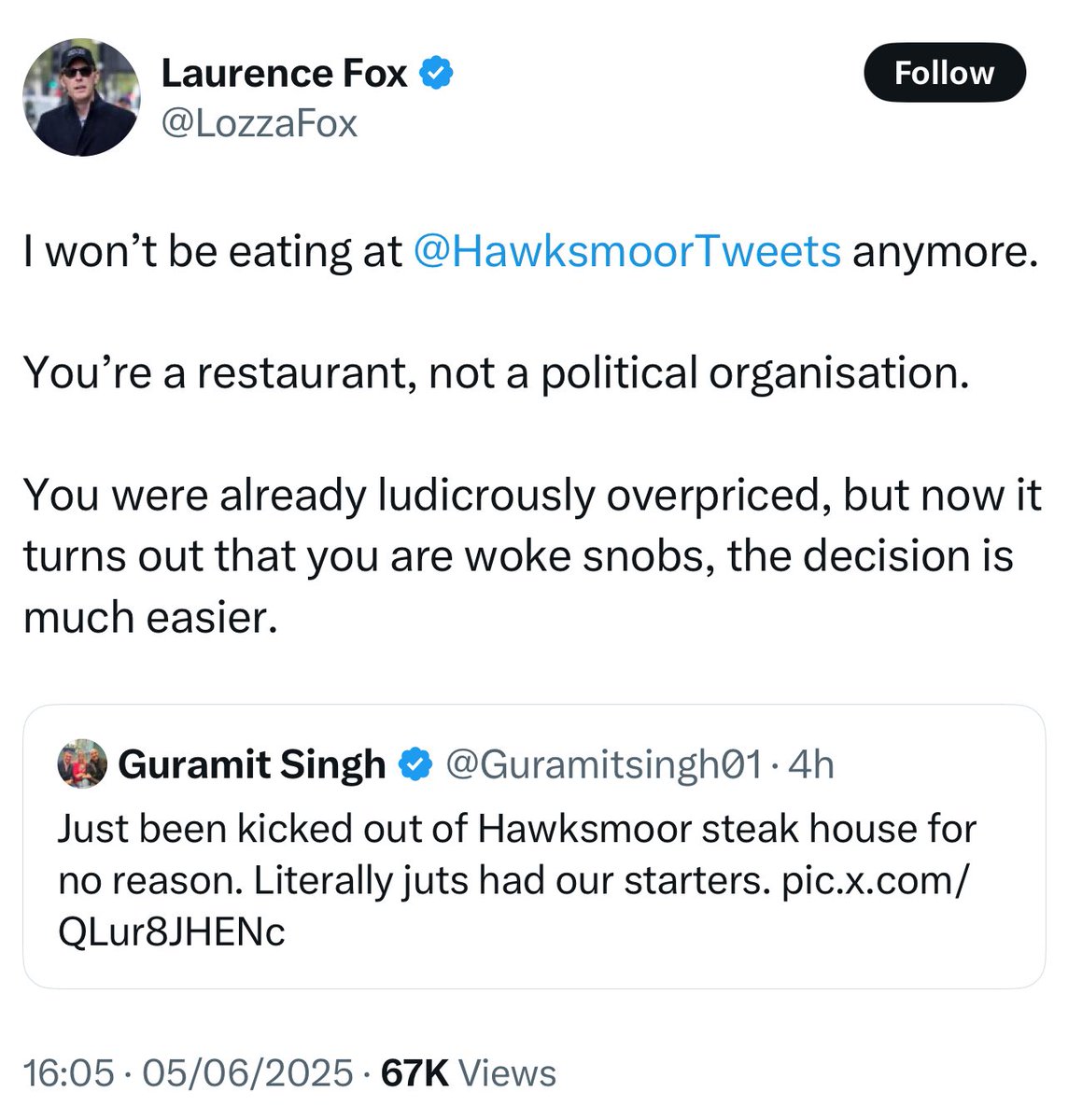 I'm excited to start regularly eating at <a href="/HawksmoorTweets/">Hawksmoor</a> now I know that Laurence Fox never will.

Tell your friends.