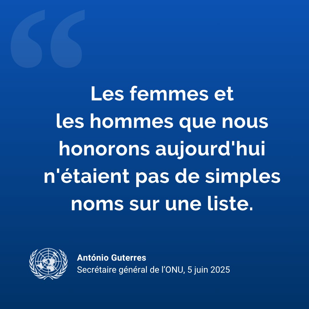 Nations Unies (ONU) (@onu_fr) on Twitter photo « Les femmes et les hommes que nous honorons aujourd'hui n'étaient pas de simples noms sur une liste.
Ils étaient des individus extraordinaires, chacun avec une histoire de courage, de compassion & de service. »
<a href="/antonioguterres/">António Guterres</a> honore les 168 collègues de l'ONU tués en 2024. « Les femmes et les hommes que nous honorons aujourd'hui n'étaient pas de simples noms sur une liste.
Ils étaient des individus extraordinaires, chacun avec une histoire de courage, de compassion & de service. »
<a href="/antonioguterres/">António Guterres</a> honore les 168 collègues de l'ONU tués en 2024.