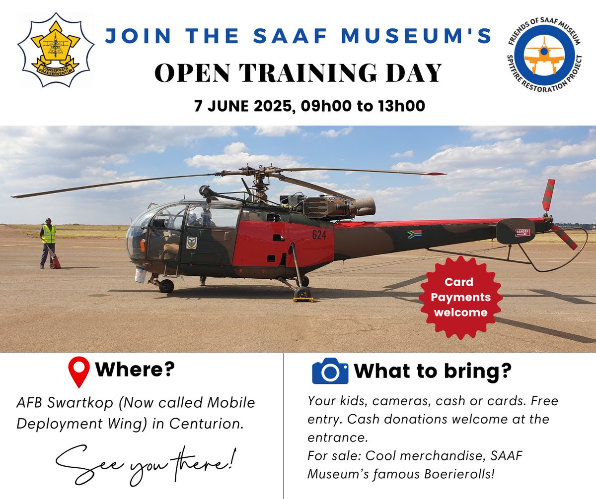 🛩️ #avgeeks Head to the SAAF Museum’s Open Training Day this Saturday!
📍 AFB Swartkop, Centurion
🕘 09h00–13h00 | Free entry | Card/cash donations welcome
Explore the displays and aircraft in the hangars!
💬 Find the #SpitfireRestoration team in Hangar 3 – merch on sale!