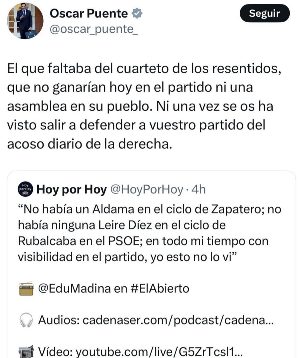 Antonio Naranjo (@antoniornaranjo) on Twitter photo Para <a href="/oscar_puente_/">Oscar Puente</a>, que Begoña viaje con Aldama, Ábalos haga negocios, Sánchez permita a una trama vender mascarillas, hidrocarburos o rescates y que su fontanera amenace a la UCO y a jueces no es un problema.
La verdad es un "acoso de la derecha". Y <a href="/EduMadina/">Edu Madina</a> un facha. 🧑🎤 Para <a href="/oscar_puente_/">Oscar Puente</a>, que Begoña viaje con Aldama, Ábalos haga negocios, Sánchez permita a una trama vender mascarillas, hidrocarburos o rescates y que su fontanera amenace a la UCO y a jueces no es un problema.
La verdad es un "acoso de la derecha". Y <a href="/EduMadina/">Edu Madina</a> un facha. 🧑🎤