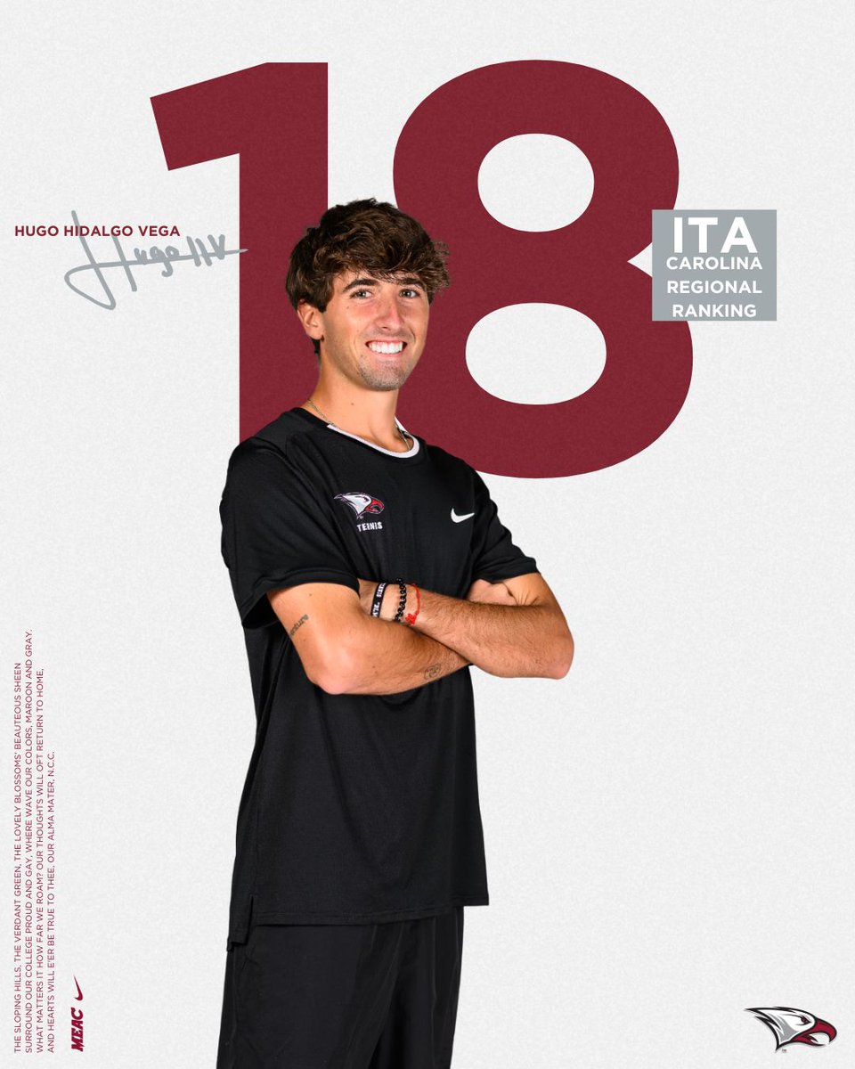 NCCU Athletics (@nccuathletics) on Twitter photo Congratulations to Hugo Hidalgo Vega of <a href="/NCCUMT/">NCCU Men's Tennis</a> for landing the 18th spot on the ITA Carolina region's end-of-year rankings, a first for the program. He is the only representative in the region from the MEAC. #EaglePride
Story: nccueaglepride.com/news/2025/6/5/… Congratulations to Hugo Hidalgo Vega of <a href="/NCCUMT/">NCCU Men's Tennis</a> for landing the 18th spot on the ITA Carolina region's end-of-year rankings, a first for the program. He is the only representative in the region from the MEAC. #EaglePride
Story: nccueaglepride.com/news/2025/6/5/…