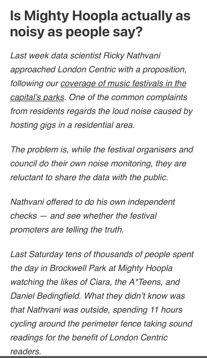Noise from Brockwell Park festival didn’t exceed Lambeth thresholds and in most cases didn’t even get close to the 75 decibel legal threshold. 

Good investigation here from <a href="/London_Centric/">London Centric</a> 

1/2
