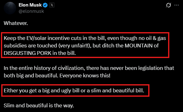 🚨 BREAKING: "Elon Musk risponde a Trump: 'Scegli tra un grande progetto di legge o uno snello e bello'"