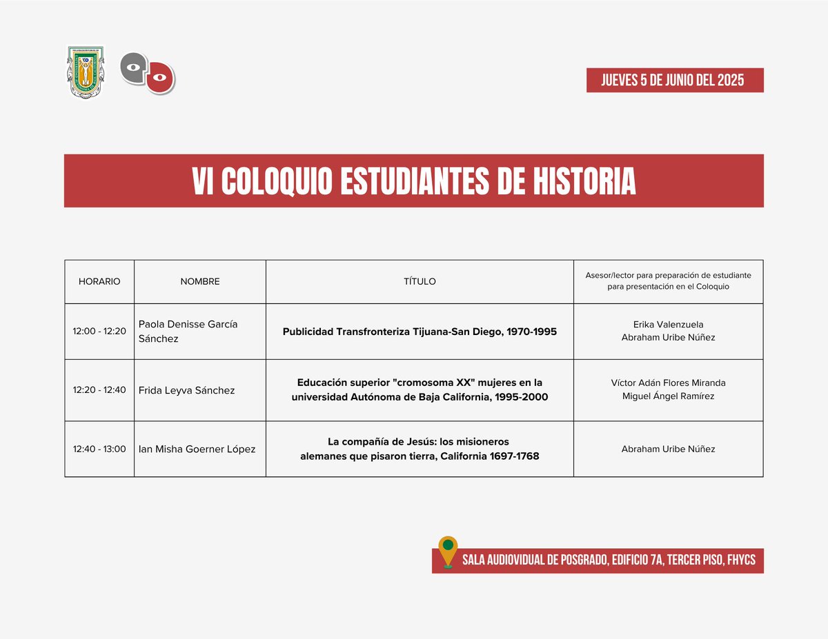 HISTORICAS_UABC's tweet image. 📢 Compartimos el VI Coloquio de Estudiantes de la Licenciatura en Historia de la Facultad de Humanidades y Ciencias Sociales, en donde algunos egresados de nuestro PMDH tendrán participación como lectores de diversos trabajos.📄
#historia #seminario #tesis