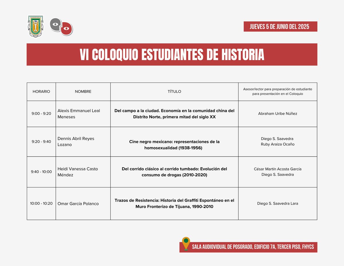HISTORICAS_UABC's tweet image. 📢 Compartimos el VI Coloquio de Estudiantes de la Licenciatura en Historia de la Facultad de Humanidades y Ciencias Sociales, en donde algunos egresados de nuestro PMDH tendrán participación como lectores de diversos trabajos.📄
#historia #seminario #tesis