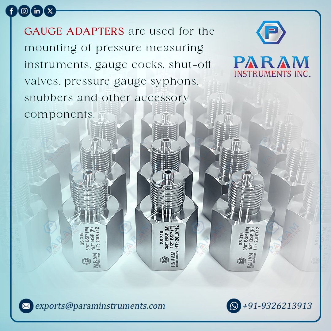 Param Instruments Inc. (@param_inc_) on Twitter photo Our gauge adapters, available in stainless steel or brass, provide various connection options for various instruments, including pressure measuring instruments, shut-off valves, and snubbers.
Email: exports@paraminstruments.com
WhatsApp: +919326213913
#gaugeadapter #madeinIndia Our gauge adapters, available in stainless steel or brass, provide various connection options for various instruments, including pressure measuring instruments, shut-off valves, and snubbers.
Email: exports@paraminstruments.com
WhatsApp: +919326213913
#gaugeadapter #madeinIndia