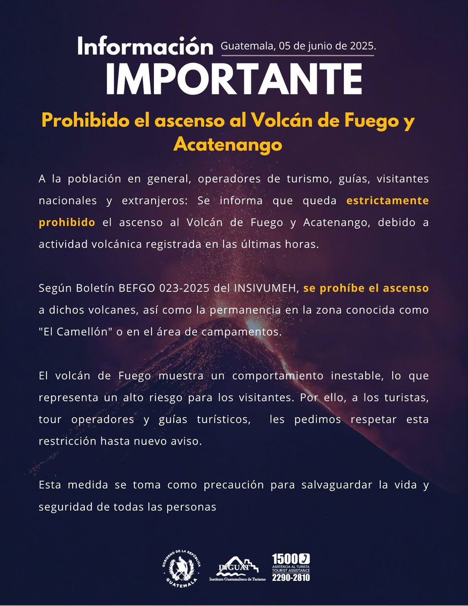 Se ha cerrado la RN-14 esto como medida de prevención por la actividad en el volcán de fuego 🌋 Se están coordinando las acciones para evacuar a los poblados en riesgo de Chimaltenango y Sacatepequez. Además <a href="/InguatPrensa/">Instituto Guatemalteco de Turismo -INGUAT-</a> ha emitido una restricción para el ascenso turístico al