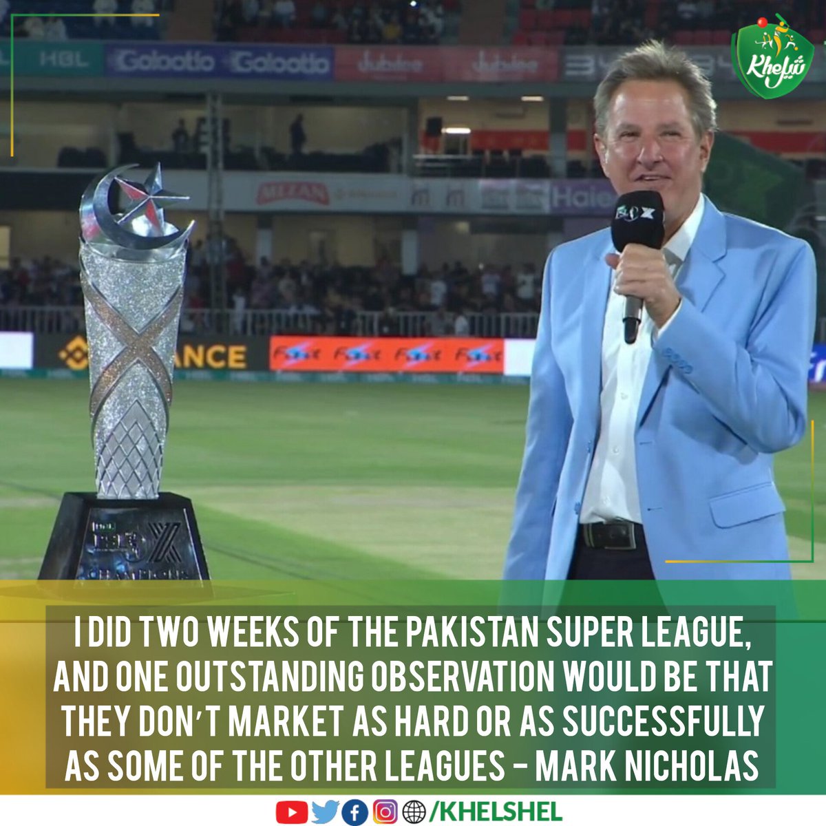 khelshel's tweet photo. Mark Nicholas shares his observation regarding the Pakistan Super League during his visit to Pakistan as a commentator. Do you agree with him?

#Cricket | #Pakistan | #MarkNicholas | #PSL | #Australia https://t.co/f2KcS3clfo