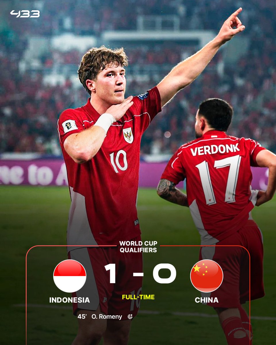 FULL-TIME: Indonesia 1-0 China! 🇮🇩🔥
Three points secured. Fourth place in Group C locked. We’re officially through to Round 4 of the 2026 World Cup Asian Qualifiers! Huge respect to all the players who fought their hearts out for the nation, and to Ole Romeny, the match-winner.