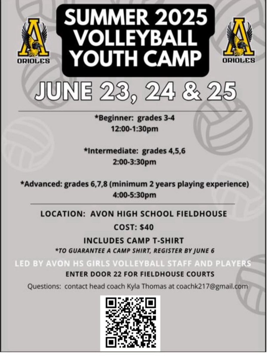 Avon High School Girls Volleyball team is EXCITED to announce SUMMER CAMP dates!!
Sign up now for a fun learning experience!
<a href="/AvonAthletics/">AvonAthleticBoosters</a>