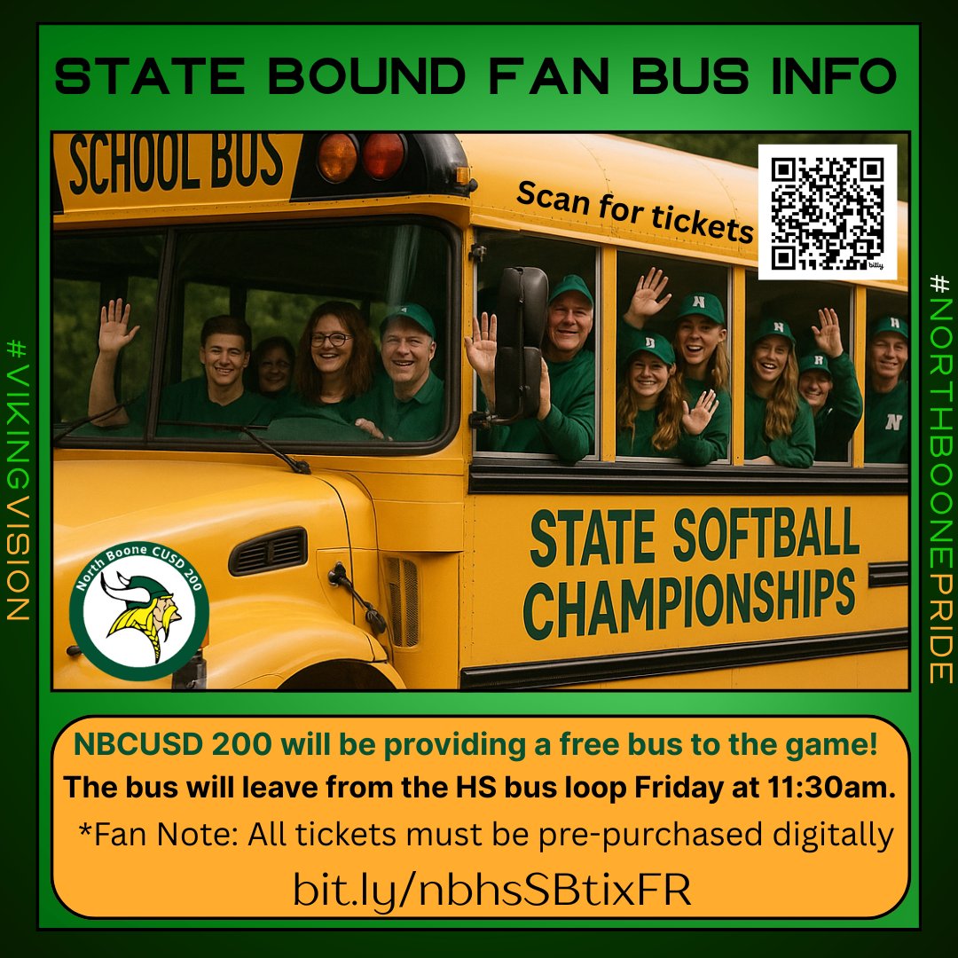 🎉 Come cheer on our girls! 🥎
NBCUSD 200 is providing a free fan bus to the game!
🚌 Departs from the NBHS bus loop on Friday at 11:30 AM.
📣 Fan Note: All tickets must be purchased in advance online:
👉 bit.ly/nbhsSBtixFR
#NorthBoonePride #VikingVision #Believe