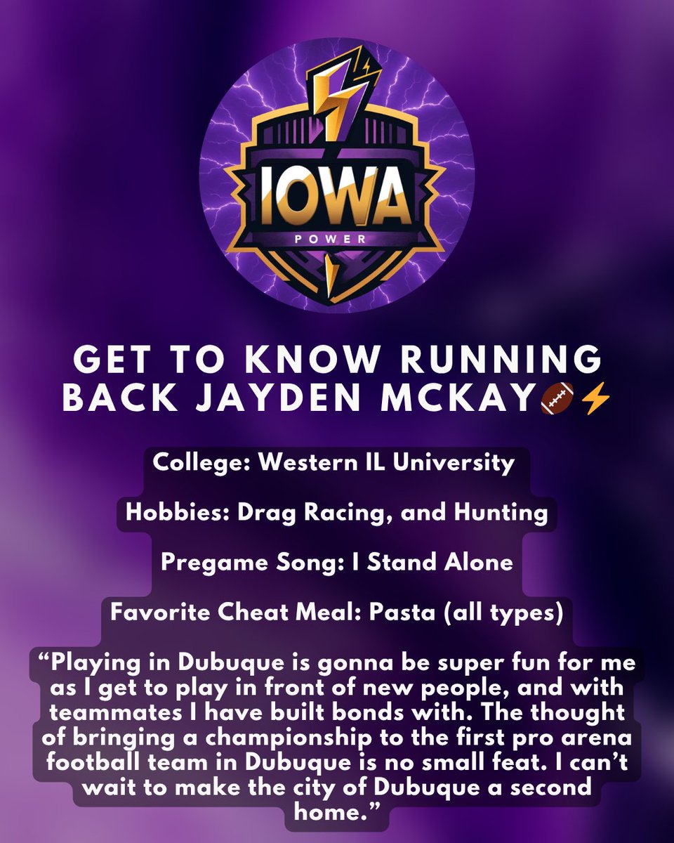Iowa_Power's tweet image. Player. Performer. Power. Meet Jayden and feel the electricity! ⚡️
#IowaPower #MeetThePlayer #PowerUp #FanLove #ArenaFootball #IndoorLeague #GridironGameTime