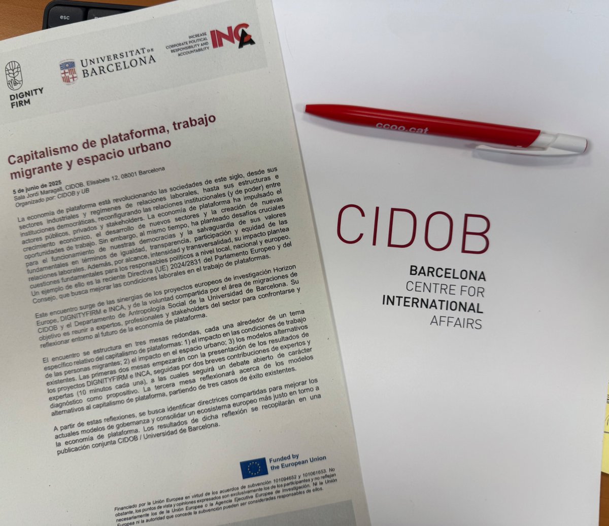 Molt content d’haver participat avui a la jornada ‘Capitalisme de plataforma, treball migrant i espai urbà’ al <a href="/CidobBarcelona/">CIDOB (Barcelona Centre for International Affairs)</a> reivindicant el paper imprescindible dels sindicats de classe per defensar drets laborals en aquest context crucial. 

Gràcies per l’espai de debat! ✊