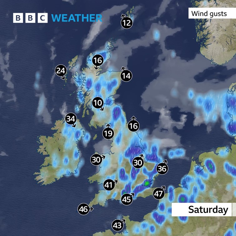 Take care if you are out on Saturday. There will be heavy showers and thunderstorms across the UK. Wind gusts over 40mph are forecast for southern counties, especially Channel coasts.