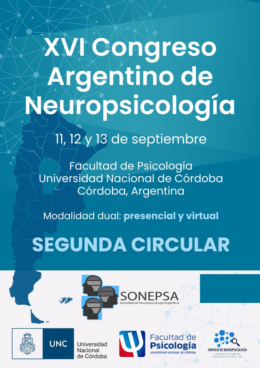 Estimados/as 

Les acercamos la segunda circular del XVI Congreso Argentino de Neuropsicología que se realizará del 11 al 13 de septiembre en la Ciudad de Córdoba (Córdoba, Argentina).

sonepsa.com.ar/_files/ugd/d8a…
