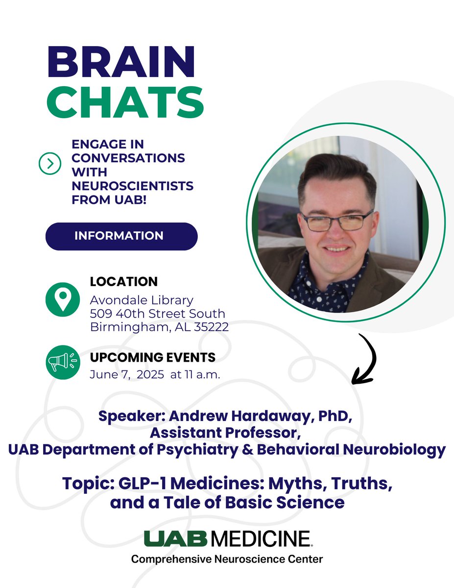 Interested in learning more about the neuroscience underlying GLP-1 weight loss medications like Wegovy and Ozempic? Attend this FREE event featuring <a href="/UABNews/">UAB</a> expert Dr. Andrew Hardaway! Brain Chats are CNC-sponsored events at the Avondale library that are open to everyone!