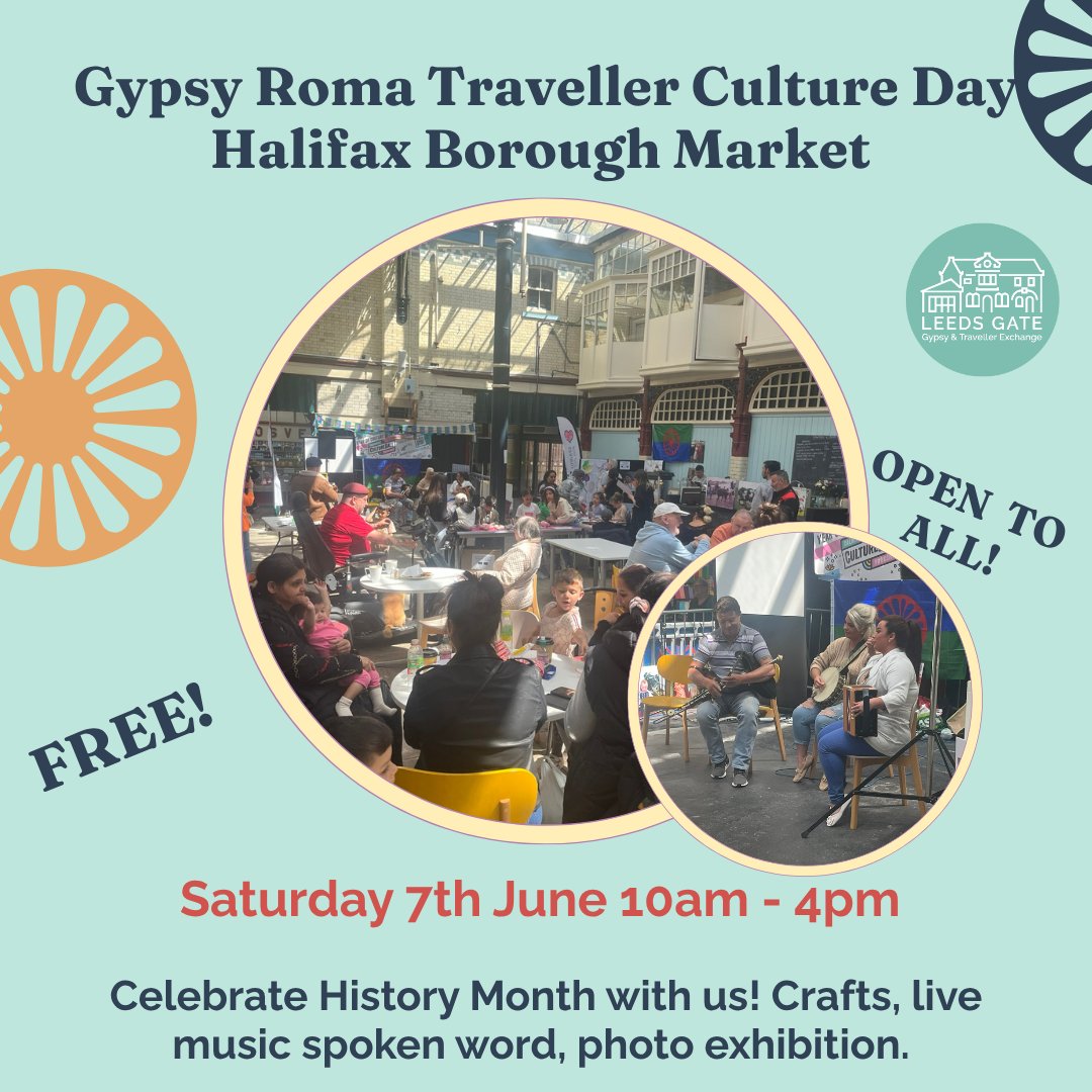 LeedsGATE's tweet image. 💚ALL DAY EXTRAVAGANZA AT HALIFAX MARKET TOMORROW❤️
We'll be celebrating Gypsy Roma Traveller History Month from 10am with:
Crafts
Live music
Spoken word
Photography exhibition
and more
Pop by and learn more about Gypsy Roma and Traveller cultures and histories @VisitCalderdale