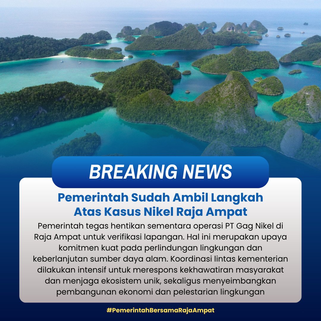 naldii__'s tweet photo. Kalau alam seindah Raja Ampat saja bisa terancam tambang nikel, siapa yang bisa jamin tempat lain aman? Untungnya, langkah tegas pemerintah kali ini hadir tepat waktu: operasi PT Gag Nikel dihentikan sementara sambil diverifikasi. #PemerintahBersamaRajaAmpat https://t.co/mIUQilGRHP