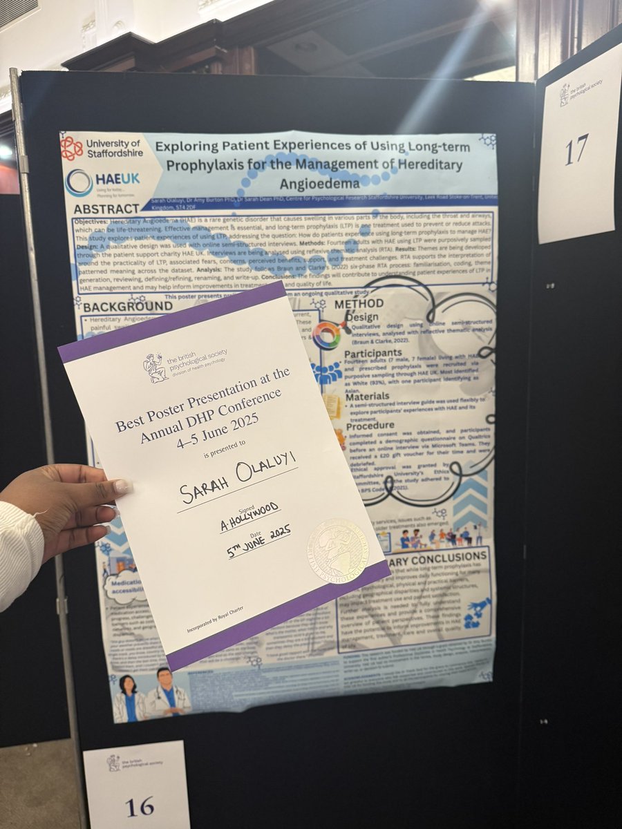 🎉 Congratulations to <a href="/saraholaluyi/">Sarah 🧸</a> for winning Best Poster Presentation at the BPS Annual Division of Health Psychology Conference in Cardiff!

A fantastic achievement and proud moment for our university! 👏 #dhpconf