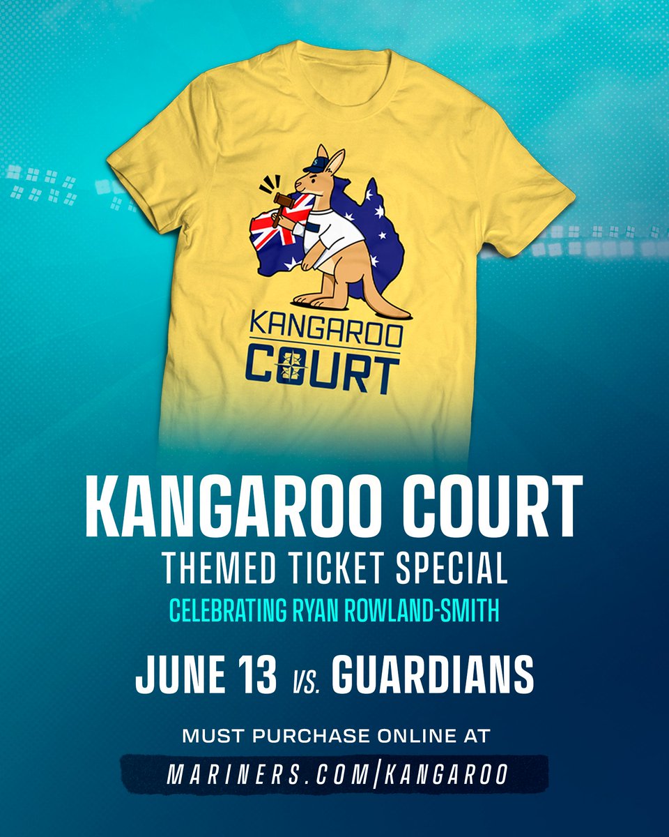 Seattle Mariners (@mariners) on Twitter photo G’day, mates!
Hop on over to the ballpark to celebrate Mariners broadcaster and former pitcher <a href="/hyphen18/">Ryan Rowland-Smith</a> next Friday. Snag a Kangaroo Court t-shirt through this offer, with a portion of every ticket benefiting the <a href="/MarinersCare/">The Mariners Care Foundation</a> Foundation.
🦘 atmlb.com/3SzWjBZ 🦘 G’day, mates!
Hop on over to the ballpark to celebrate Mariners broadcaster and former pitcher <a href="/hyphen18/">Ryan Rowland-Smith</a> next Friday. Snag a Kangaroo Court t-shirt through this offer, with a portion of every ticket benefiting the <a href="/MarinersCare/">The Mariners Care Foundation</a> Foundation.
🦘 atmlb.com/3SzWjBZ 🦘