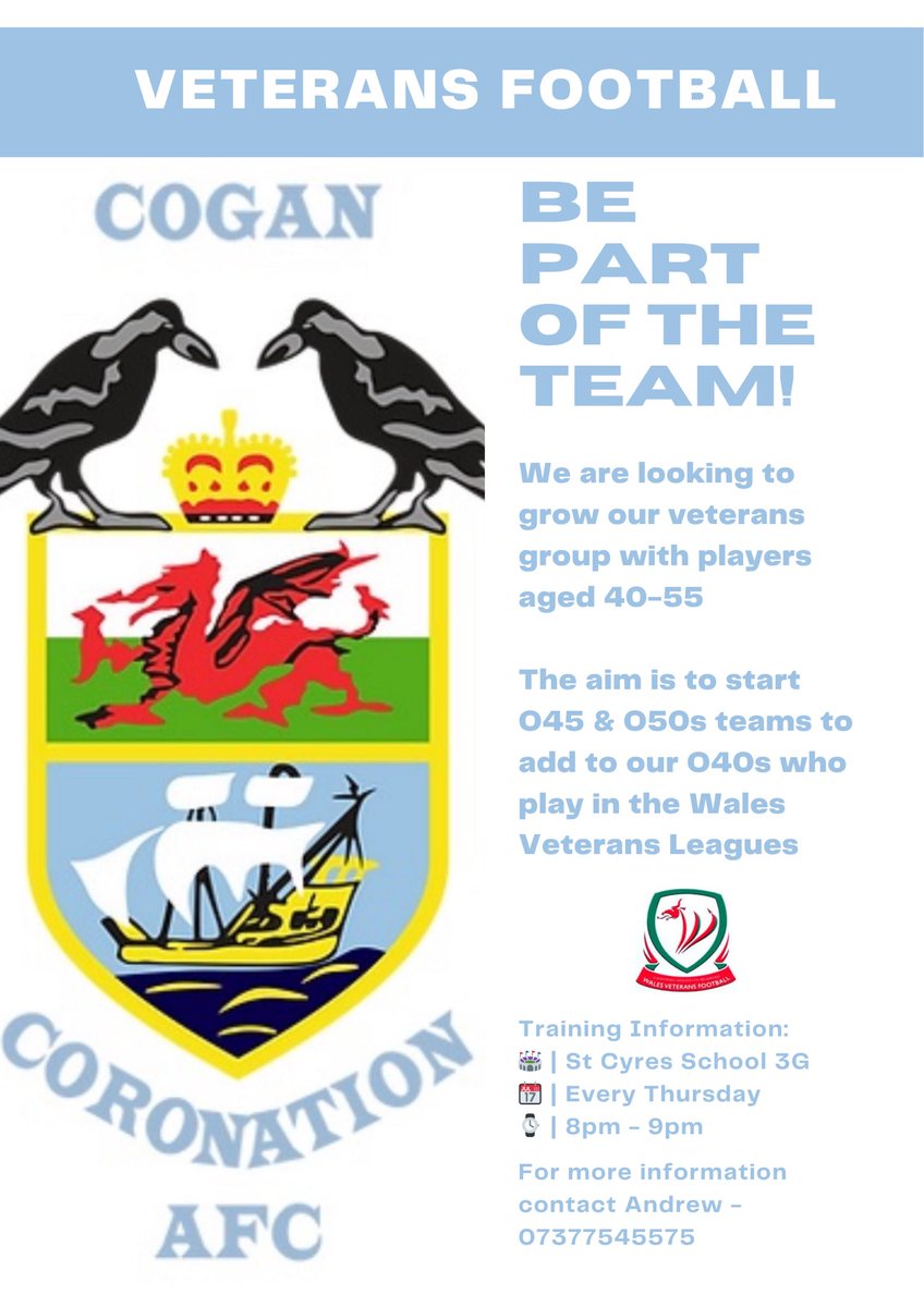 *VETS FOOTBALL*

We will be entering an Over 40s team in the <a href="/WalesVets/">Wales Vets Football</a> league for the upcoming 2025/26 season

We are looking for any players aged 40 to 55 to join as we look to expand to O45 &amp; O50s teams in the near future

Please get in touch for anymore information #UpTheCoro